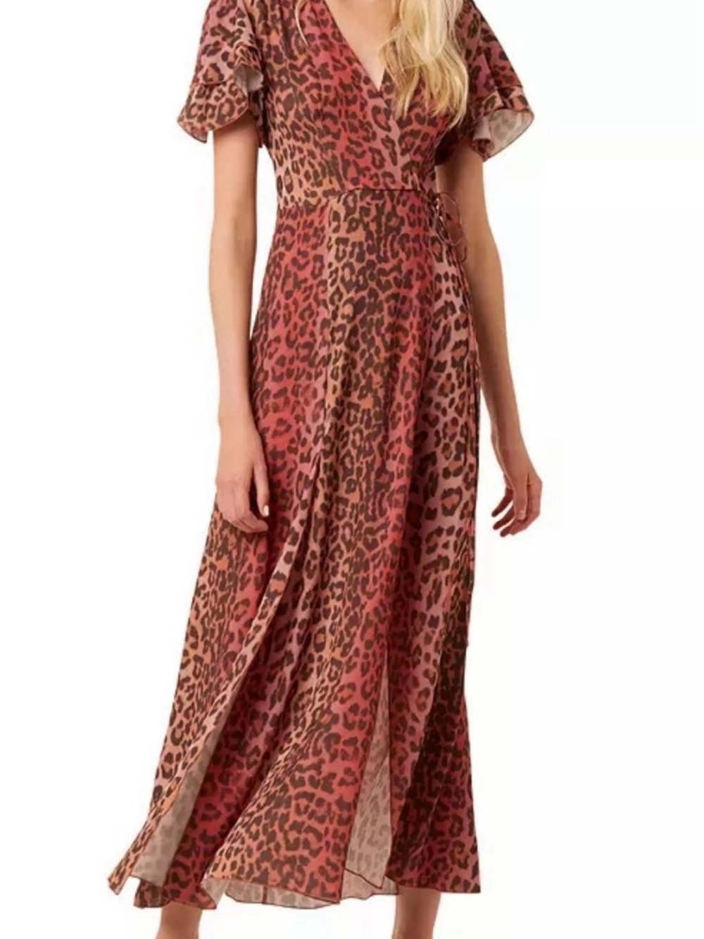 French Connection Pink and Brown Leopard-Print Wrap Maxi Dress